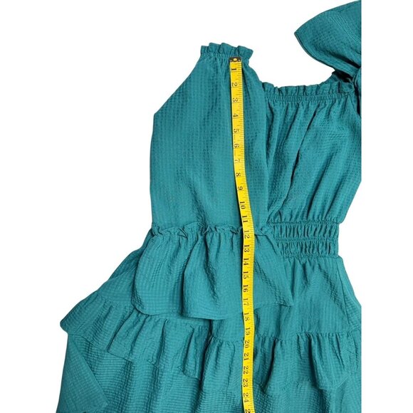 LELIS Collection-Shoulder Teal Mini Dress Size m With Bell Sleeves & Ruffle Deta - Picture 9 of 10